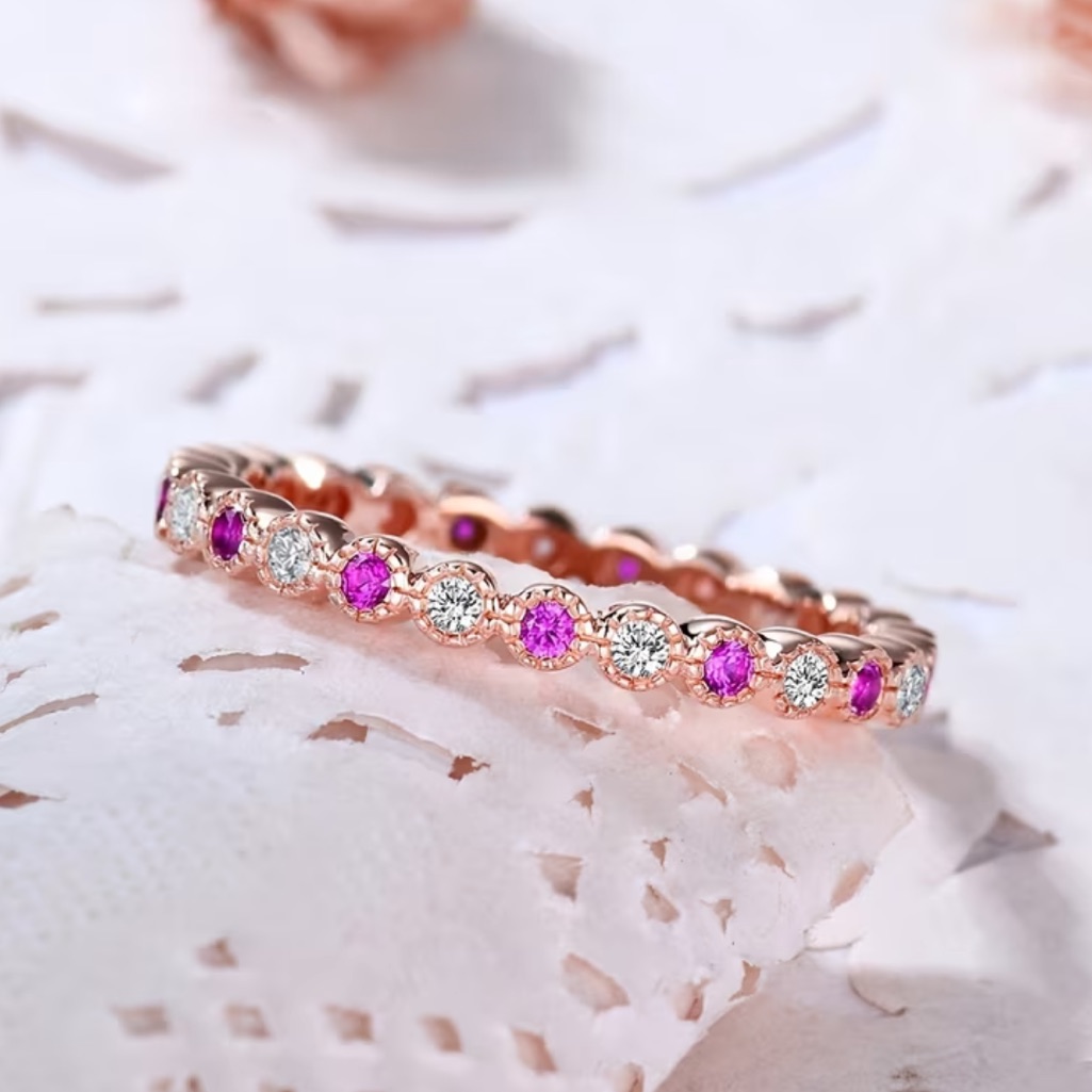 Rose Gold And Pink Moissanite Gemstone Layer Band Ring